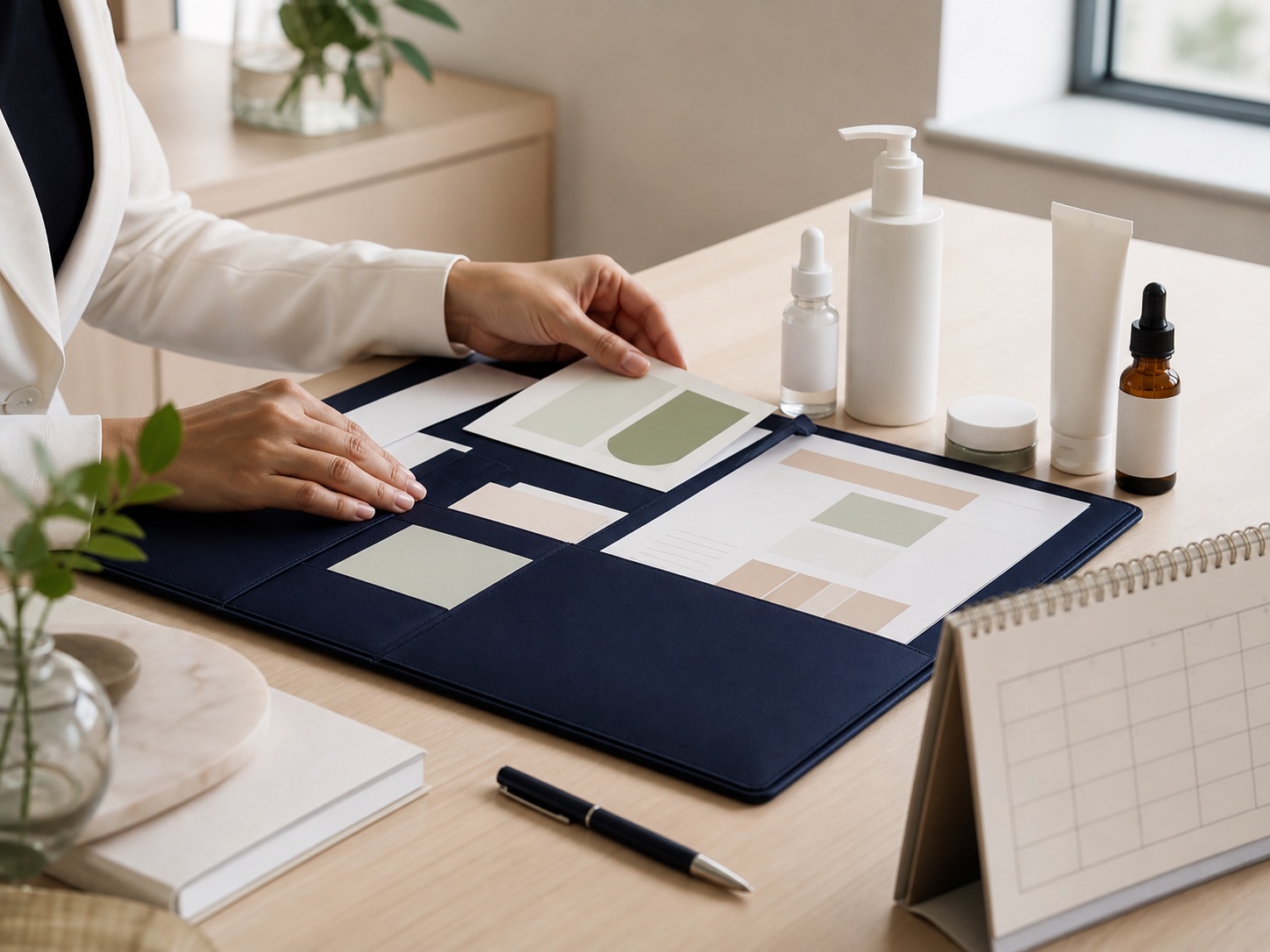 AI-generated skin treatment plan and aftercare products on a clinic desk